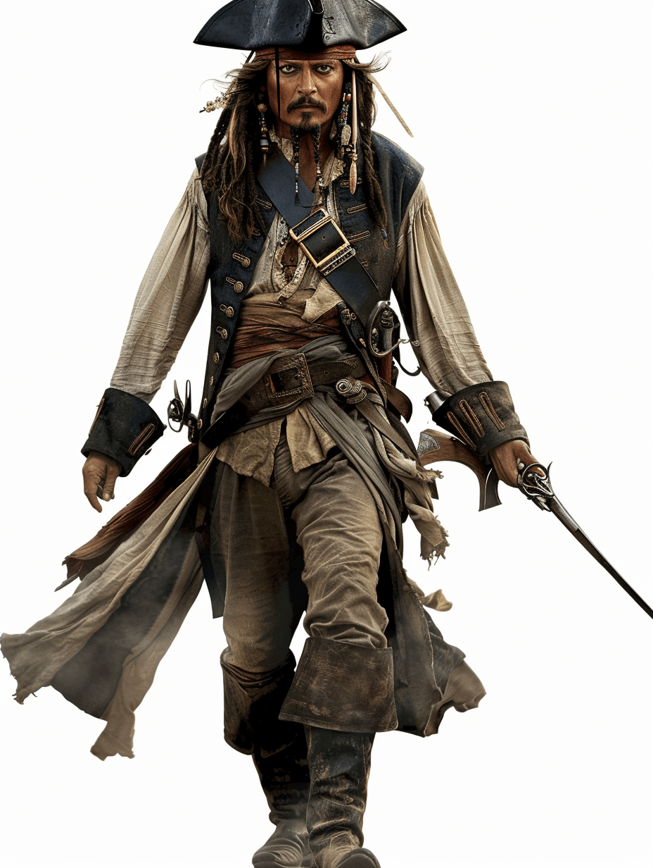 Pirate full-body character concept art of Jack Sparrow in the style of Pirates Of The Caribbean movie, on a white background, in an ultra realistic photographic style.