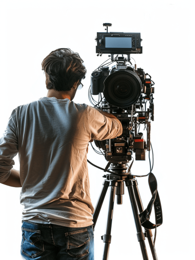 A man with his back to the camera is operating a large cinema video production machine, with a transparent background, in the style of photography, on a white background, in high definition.