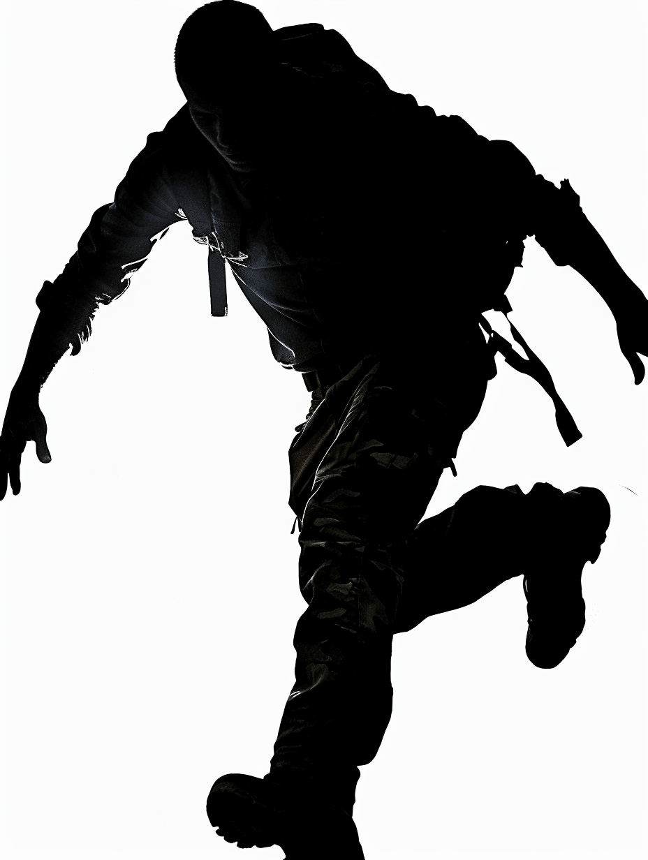 silhouette of an armed soldier running, white background, high contrast, hyper realistic, full body shot in the style of an armed soldier running, white background, high contrast, hyper realistic, full body shot