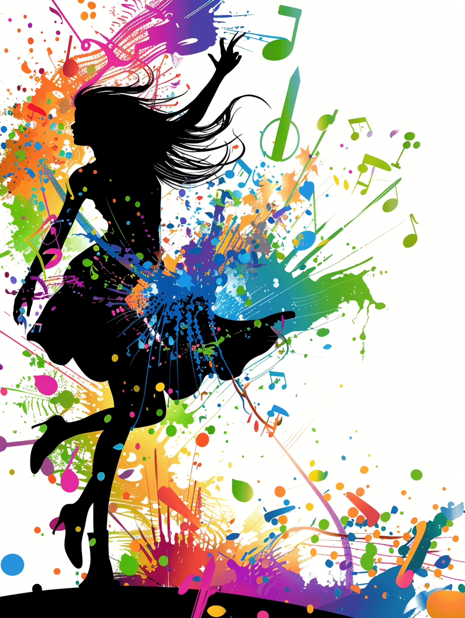 Colorful vector illustration of silhouette dancing girl with music notes and splashes on white background, music festival poster design, graffiti style, high resolution, colorful, vibrant, high contrast, high sharpness, clean lines, highly detailed, digital art, graphic design, high definition, high quality, high detail, professional photography, HDR,