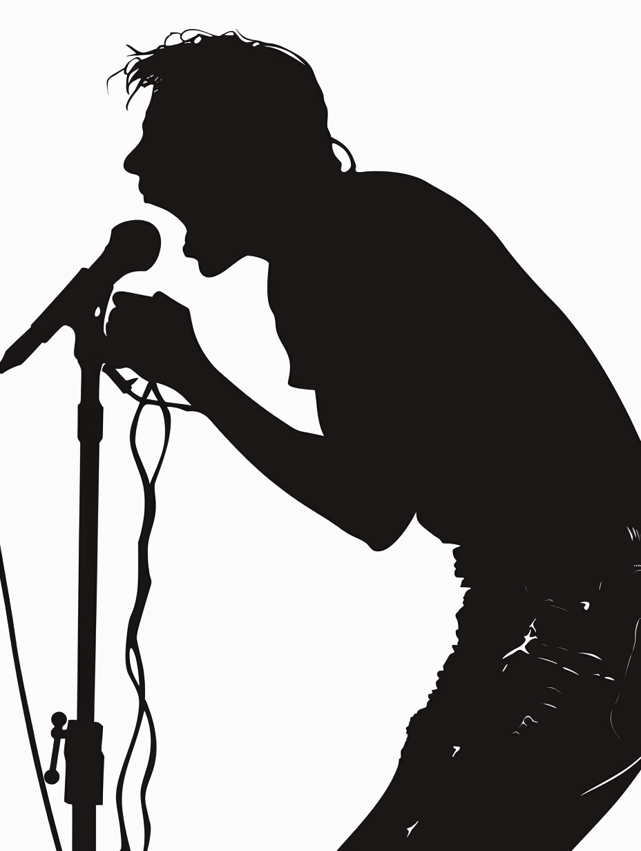 Silhouette of rock singer singing into microphone, vector illustration on white background, simple shapes, flat design, vector art style, high contrast, strong shadows, dynamic lighting, side view, isolated in white background, high resolution, high quality, high detail, extreme details, ultra detailed, sharp focus, no blur