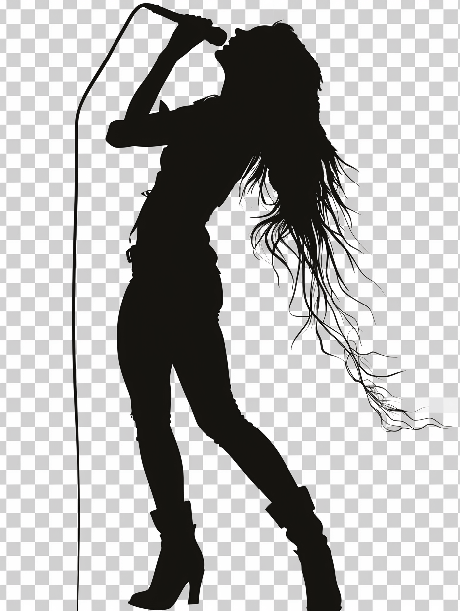 A silhouette of an female singer with long hair holding microphone, vector illustration, on transparent background, full body