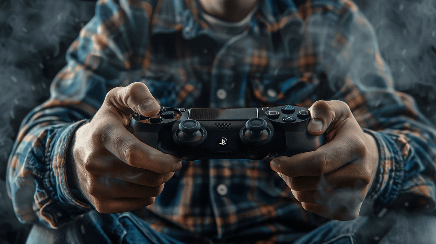 Man holding game controller, playing video games on a console, Sony PlayStation 5, close up shot of hands with gaming gear, gamer having fun in the style of commercial imagery, soft atmospheric scenes, gray and blue, photo taken in the style of a Canon EOS DSLR, shot from a distance, ultra detailed, hyper realistic