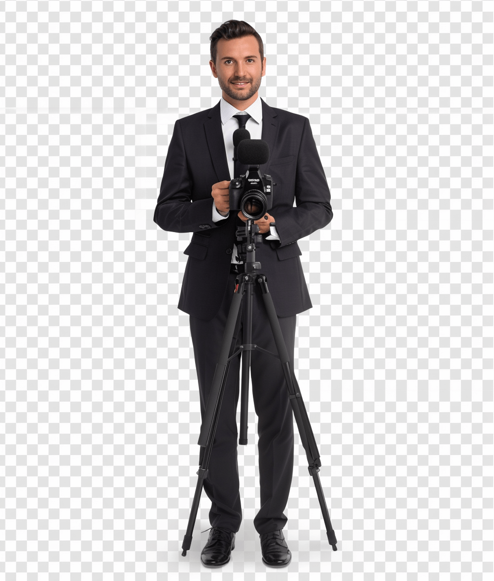 A handsome man in suit holding camera and tripod, transparent background PNG element cutout