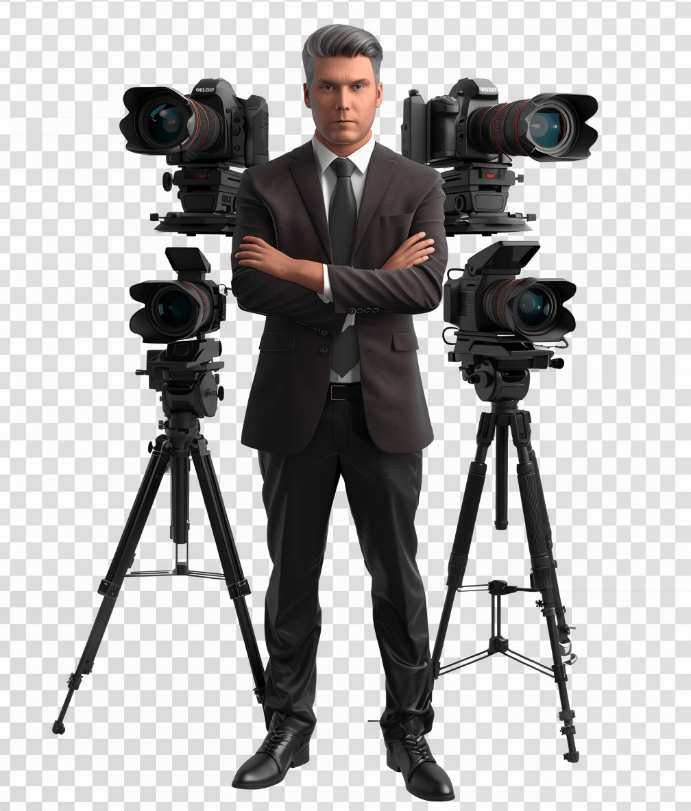 A man in suit and tie standing with arms crossed, surrounded by cameras on tripods. transparent background. high resolution.