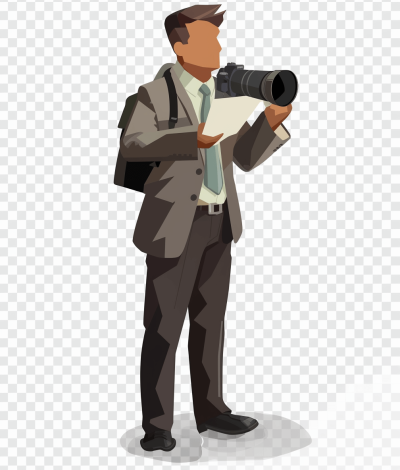 A photo of the full body of an illustration of a journalist holding his camera and taking notes, transparent background, png