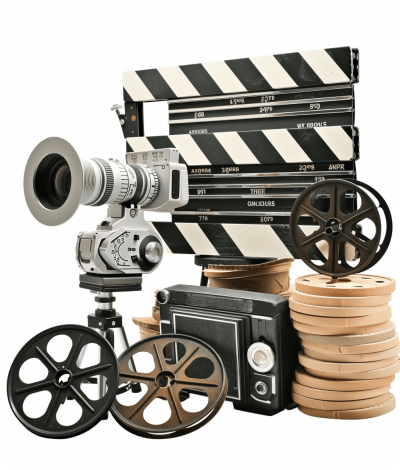 Vintage Film camera, clapperboard and film reel isolated on white background