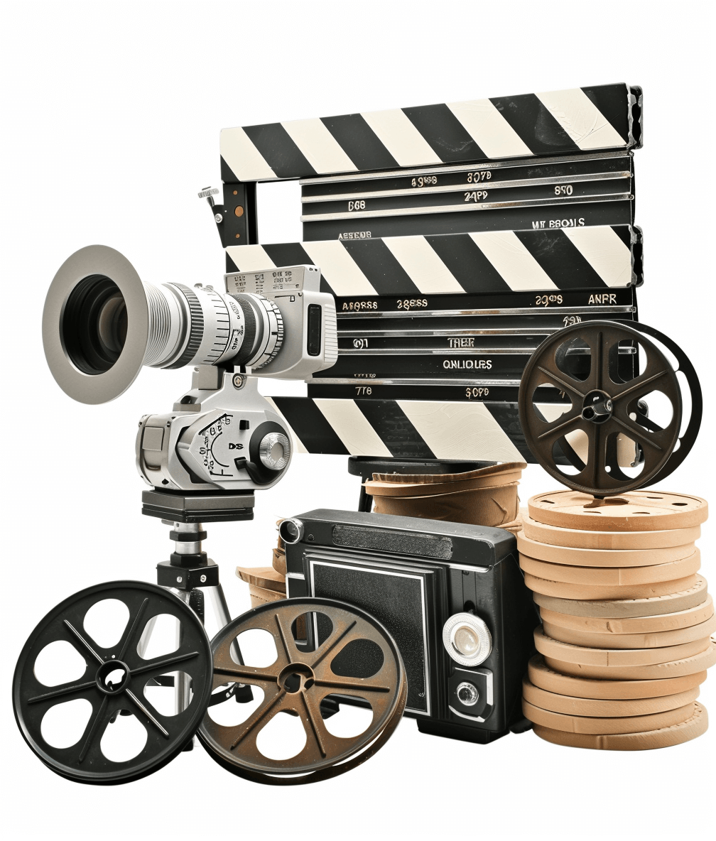 Vintage Film camera, clapperboard and film reel isolated on white background