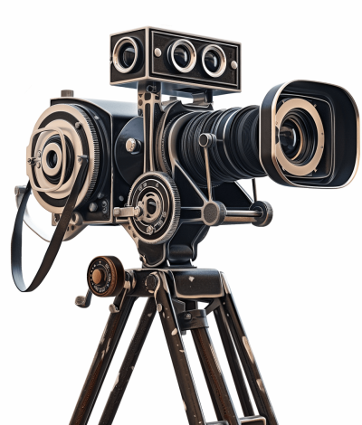 Vintage cinema camera on a tripod, 3D rendering illustration isolated on a white background, solid and structured, exaggerated facial features, pastel colors, lively facial expressions with charming characters, perfect quality in the style of wimmelbilder.