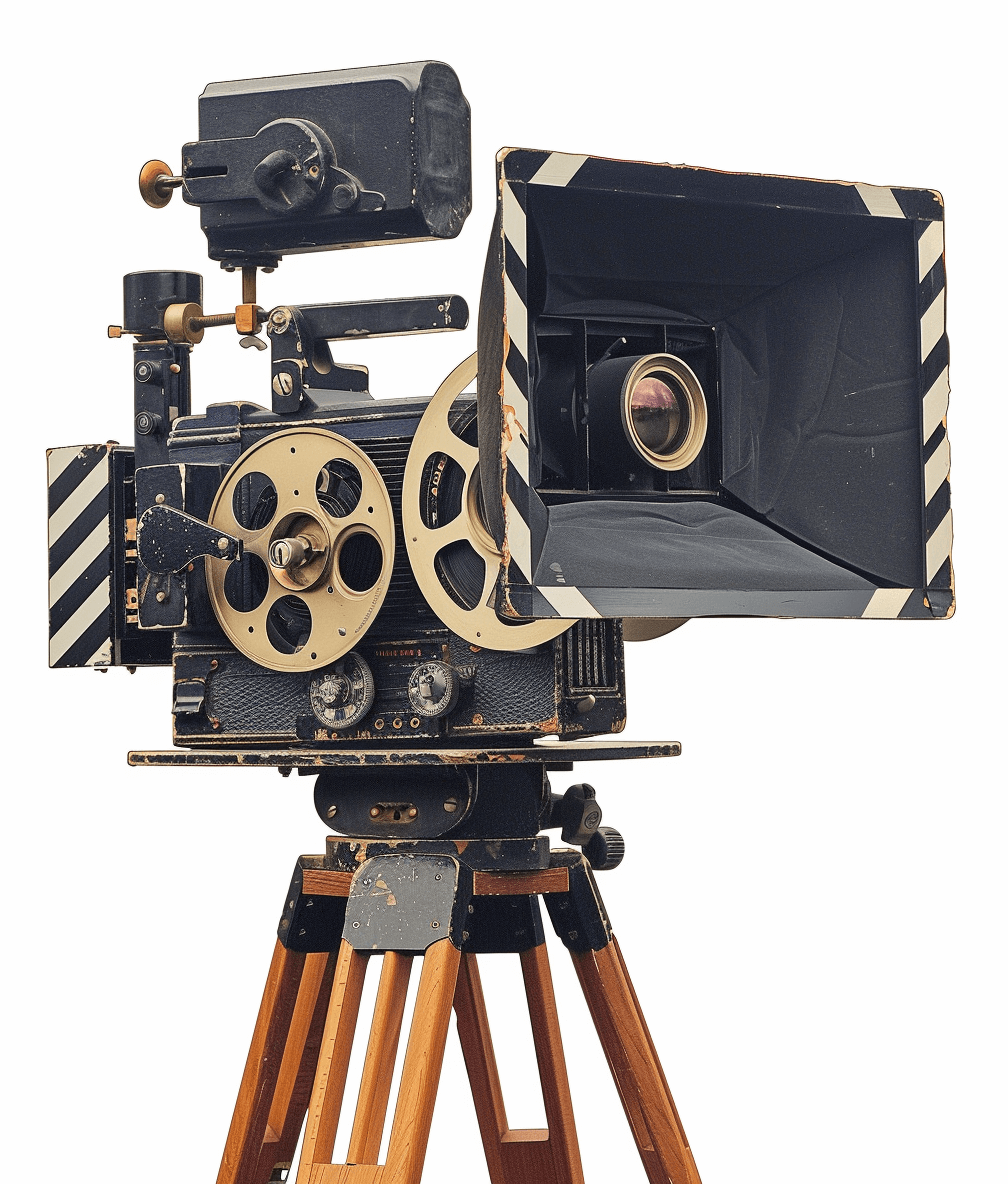 Vintage cinema camera with film on the screen, standing on a wooden tripod on an isolated white background. The camera appears to be in the style of early filmmakers, capturing a scene in its viewfinder.