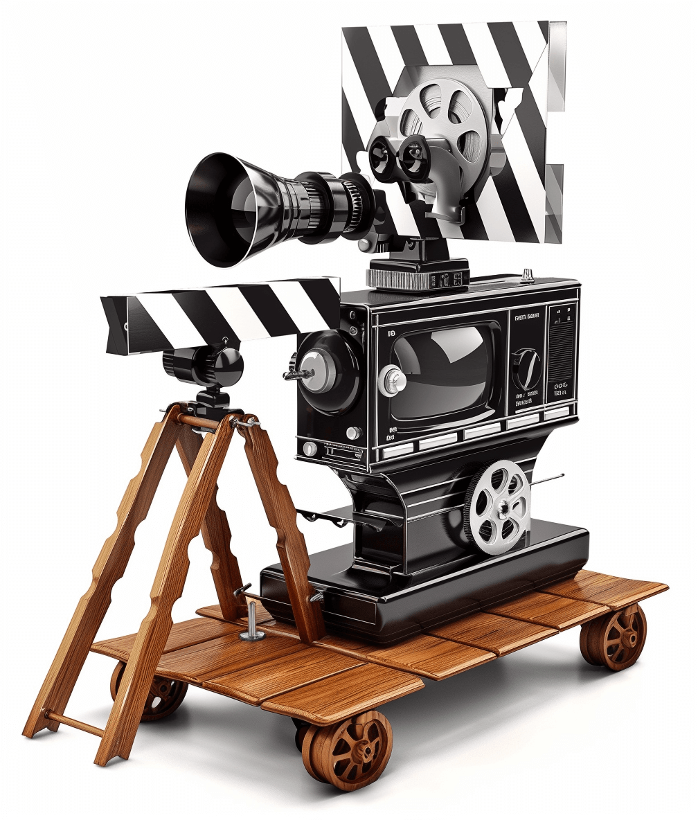 A black and white striped movie clapperboard sitting on top of an oldfashioned film camera with wooden dolly, on wheels, on white background, hyper realistic, highly detailed