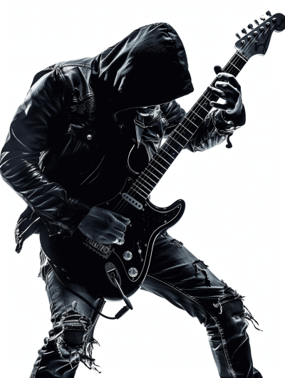 high contrast, detailed illustration of the metal rock guitar player playing in black leather jacket and ripped jeans with hood on his head, white background, full body portrait photography, dramatic pose, hard shadows