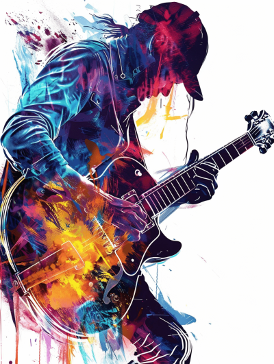 Abstract artwork of rock star playing guitar, white background, vector illustration, colorful ink wash painting style, graffiti art inspired, highly detailed, dark color palette, digital print, 2D design, white and blue, red purple yellow orange colors, poster art, high resolution, high quality, high detail, clipart, png with transparent background