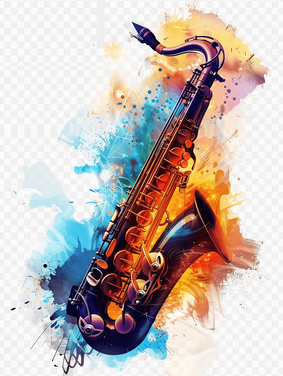 Saxophone, musical instrument, colorful, watercolor style, vector illustration, on transparent background PNG with white outline