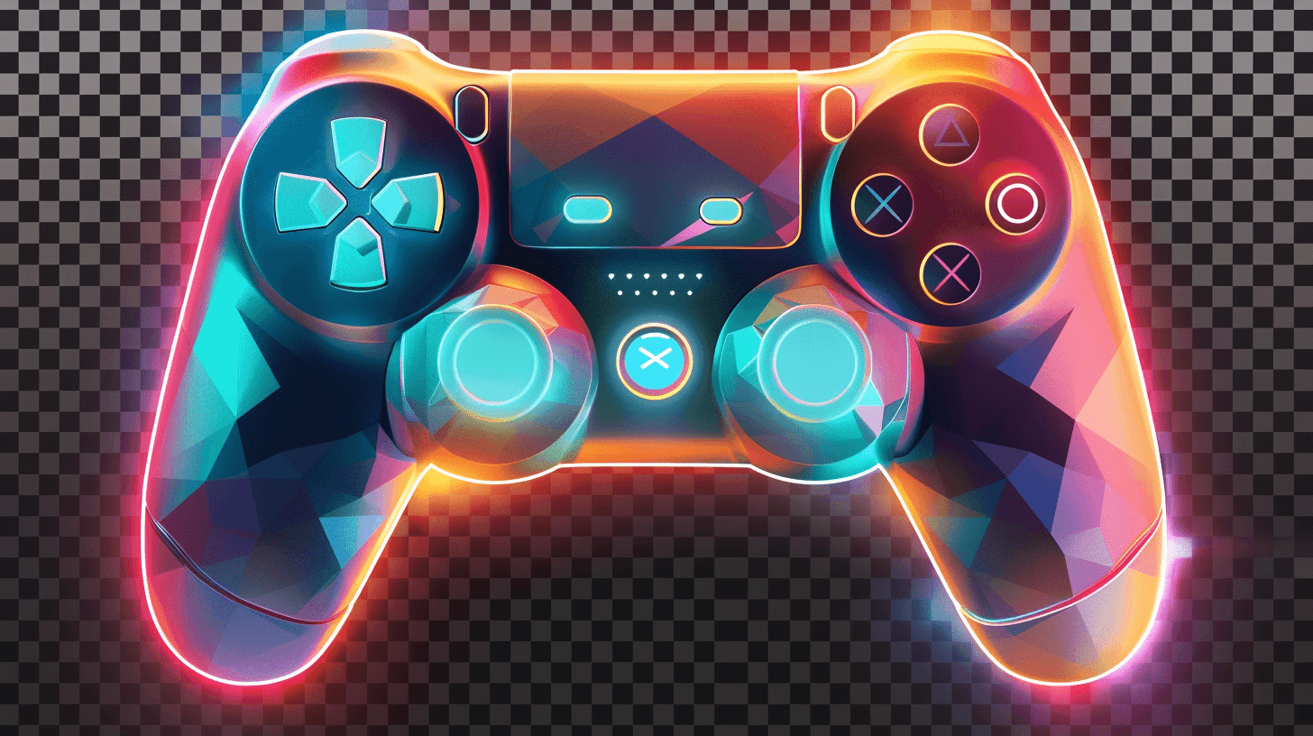 A vector illustration of colorful glowing game controller, geometric shapes, vector art style, on transparent background, high resolution, professional photograph, cinematic lighting, HDR, high detail