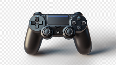 A black game controller, front view, high resolution, transparent background, png format.