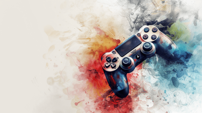 Watercolor style illustration of the gamepad, white background, colorful splashes, color palette using blue and red tones, digital art, detailed, high resolution, high definition, sharp focus, in the style of realism, in the style of photography, cinematic