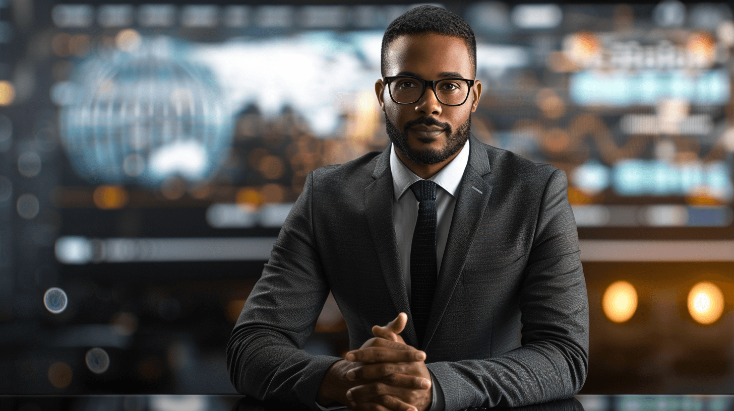 Portrait of handsome african american news anchor in suit with glasses sitting at desk on dark background, wide shot, futuristic TV studio. Cinematic lighting. hyper realistic photography