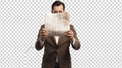 photorealistic businessman holding newspaper in front of his face, transparent background