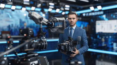 A handsome man in a suit holding cameras and microphones stands on the news set, with multiple robotic arms behind him, in the futuristic technology style, with a blue background and high-tech interior design. The scene uses a wide-angle lens, bright lighting, and shows the man making professional movements and confident expressions, with a blue color tone.