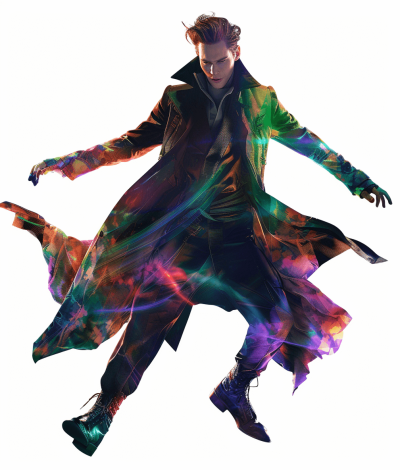 full body view of a male in a colorful coat and long jacket flying through the air, full length photo of a young man with short hair wearing dark pants and boots against a white background, with a colorful aura around him, in the style of [Artgerm](https://goo.gl/search?artist%20Artgerm), in a digital art style, from artstation, high resolution, sharp focus, high dynamic range, vibrant colors, with detailed  design, isolated on a white background