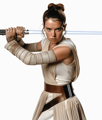 A photo of the young Rey Skywalker, holding her lightsaber in combat stance, wearing an iconic beige and white outfit from Star Wars, on a transparent background. The focus is sharp with detailed textures that capture light reflecting off his armor and the laser blade's edges. She has short hair tied back in two buns, her expression focused as she faces forward ready to fight. Her posture showcases strength and determination. White Background. Transparent PNG or Clipart