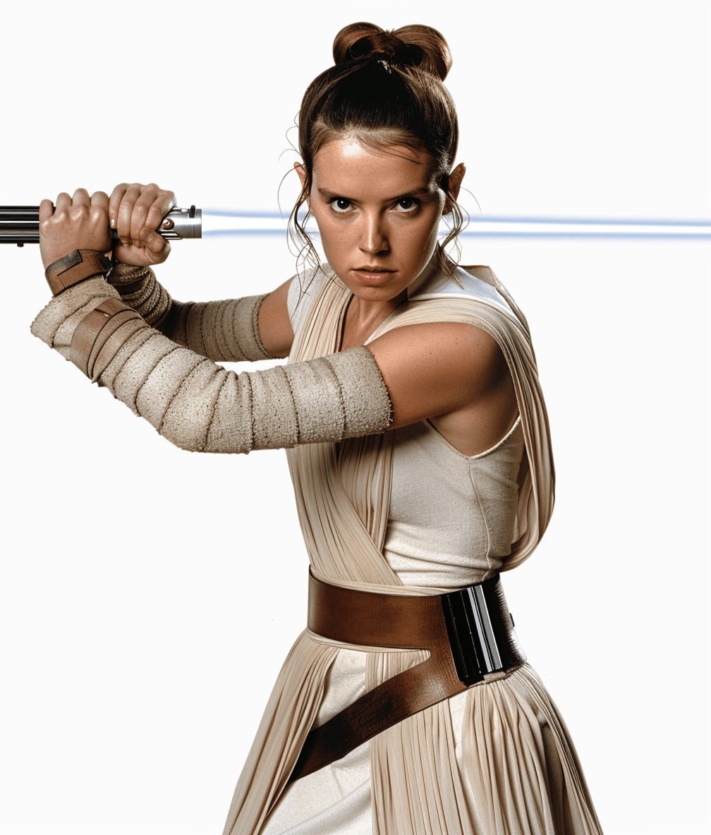 A photo of the young Rey Skywalker, holding her lightsaber in combat stance, wearing an iconic beige and white outfit from Star Wars, on a transparent background. The focus is sharp with detailed textures that capture light reflecting off his armor and the laser blade’s edges. She has short hair tied back in two buns, her expression focused as she faces forward ready to fight. Her posture showcases strength and determination. White Background. Transparent PNG or Clipart