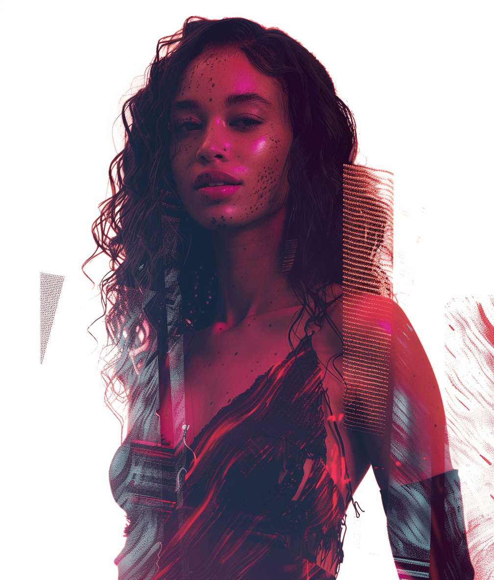 Beautiful girl with long curly hair, in futuristic , pink and red light effects on her face and full body, on a white background, in the style of cyberpunk, in a digital art style, with a double exposure effect, neon lights effect, at a high resolution, with a cinematic effect, with detailed skin texture, looking very realistic.