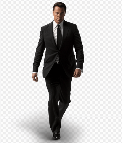 a photorealistic clipart of an action movie star in black suit walking on transparent background, full body view, high resolution, no text or pictures. telephoto lens realistic studio lighting