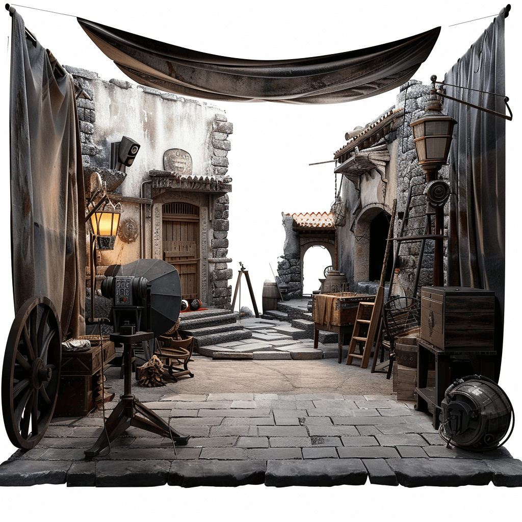 An empty backdrop with a medieval city street scene in the style of old film equipment on a white background, an ultra realistic photographic style.