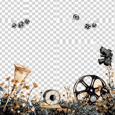 Vintage Film Reel and film tape, vintage camera with hand drawn flowers around it in the style of hand drawn flowers, transparent background, png clipart, watercolor style