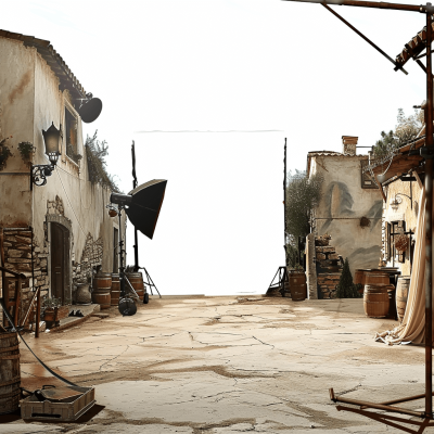 Create an ultrarealistic photograph of the set for a movie in which we see the outside of a rustic Spanish village with a white background. In front, there is an empty street where there will be several large photographic lights and some boxes full of props. On one side, on wooden palettes, we can see an open fabric canopy. The photo was taken from above at eye level with no people present.