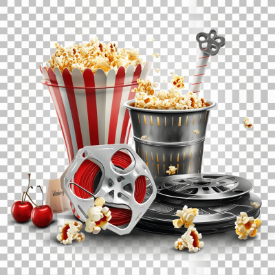 cinema film reel, popcorn bucket and cherry soda isolated on transparent background cutout PNG file with clipping path