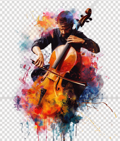 The cellist has an abstract background in the style of colorful splash paintings on a transparent white background png.