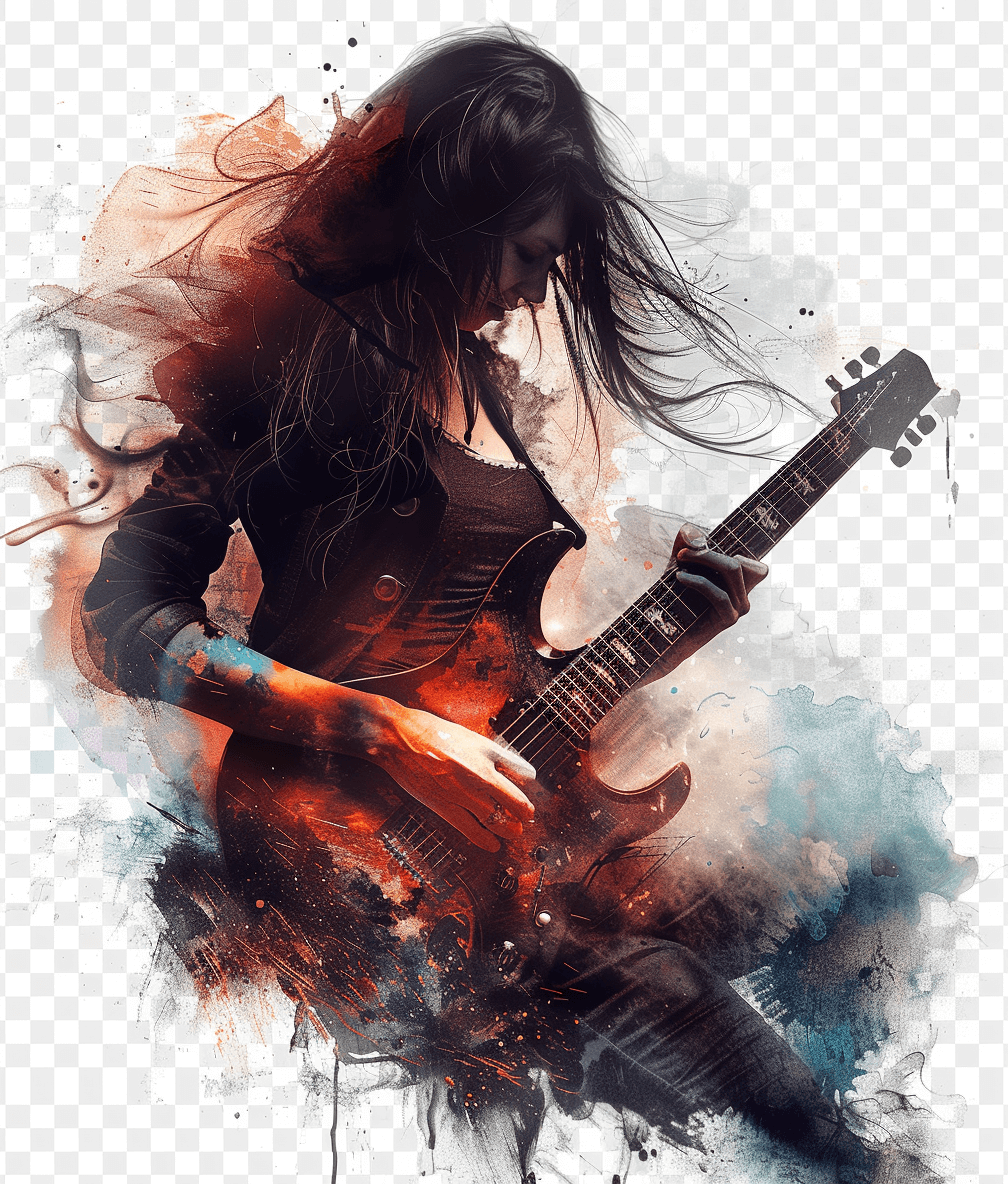 A beautiful female guitarist in an artistic pose, with dark hair holding a guitar, in the style of rock, with watercolor splashes on a transparent background png.