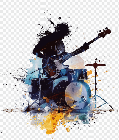 Abstract silhouette of an electric guitarist playing in front of drum kit, watercolor splashes isolated on transparent background png,