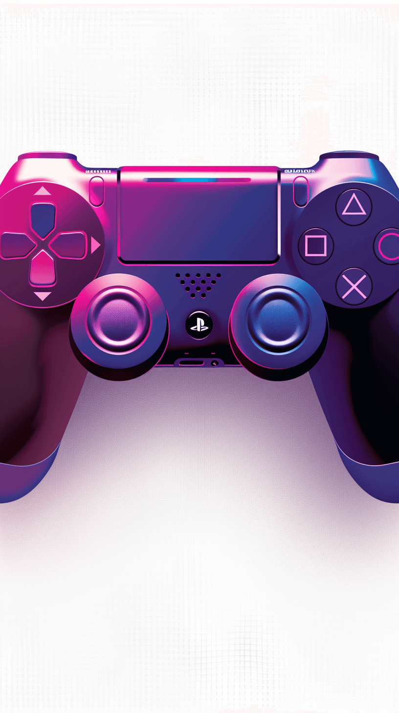 playstation controller, vector graphic, purple and blue gradient colors, white background, minimalistic, simple design, flat art style, digital illustration, high resolution, high definition, high quality, high detail, high contrast, professional, sharp focus, smooth texture, symmetrical composition, in the style of professional photography, in the style of professional lighting, bright light, hyper realistic, hyper detailed, hyper realistic