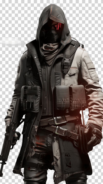 The scenery depicts a character in a black leather jacket and hoodie holding an assault rifle with a red eye patch, in the style of a Call of Duty game with a transparent background.