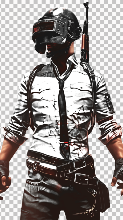 Please create an illustration of " symmetry" from the gamef rendition with full body pose wearing black tie and white shirt, holding gun in hand, helmet on head , pubg style , transparent background , high resolution , hyper realistic