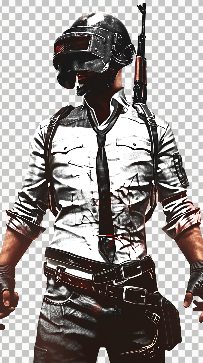 Please create an illustration of ” symmetry” from the gamef rendition with full body pose wearing black tie and white shirt, holding gun in hand, helmet on head , pubg style , transparent background , high resolution , hyper realistic