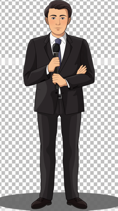 A handsome male journalist in black suit, holding microphone, full body portrait cartoon illustration on transparent background