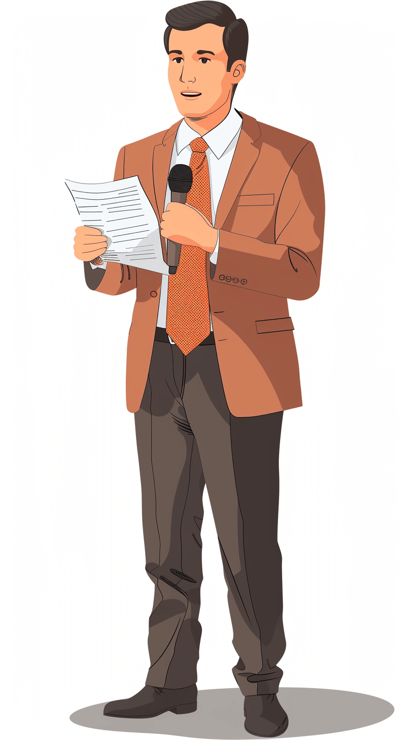 A man in suit is holding paper and microphone, vector illustration, white background, no shadows on the ground, flat design, front view, full body shot, detailed facial features, brown jacket with orange tie, solid color, white shirt, grey pants, simple lines, clear shape, no details on his face, white background, white shoes, clean background, simple lines