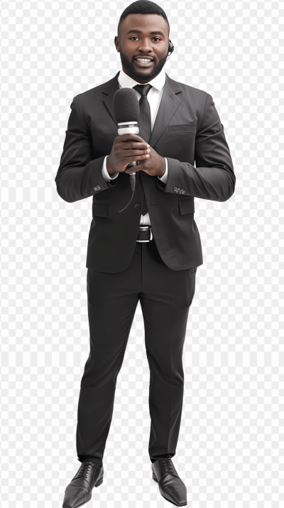 Full body photo of African American man in black suit, holding microphone and smiling to camera isolated on transparent png background