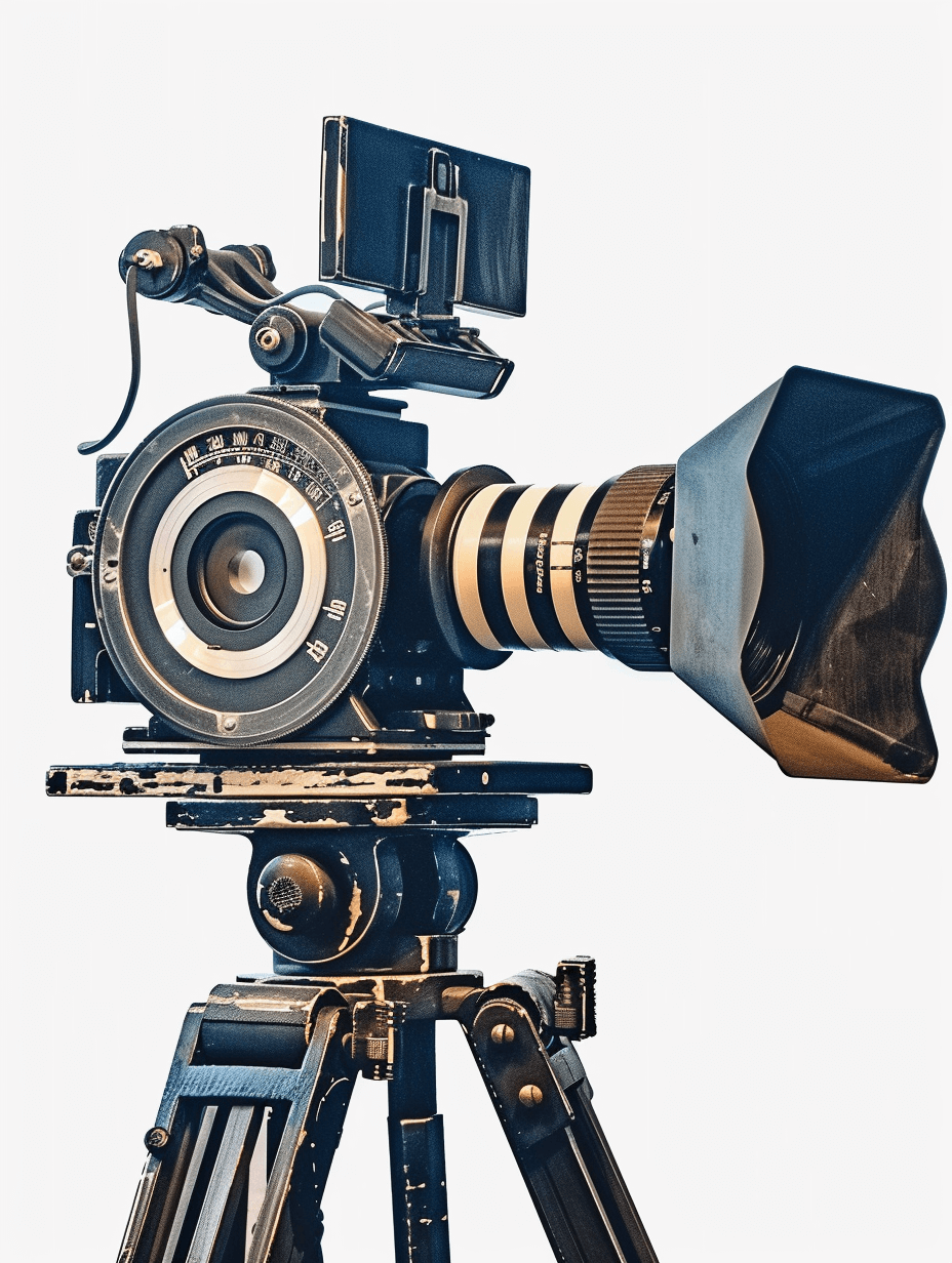 A vintage film camera with an extra large lens sits atop a tripod against a white background in the style of a png image, with no shadow and high resolution photography. The photo captures insanely detailed fine details in an isolated plain stock photo with professional color grading for a photorealistic style.