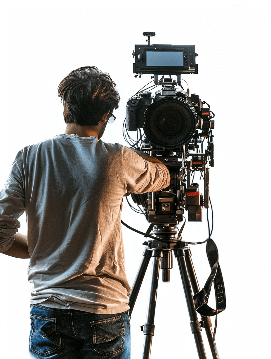 A professional video camera man with his back to the lens, holding and operating an elaborate highdefinition video production machine on top of tripod, on white background, stock photo style