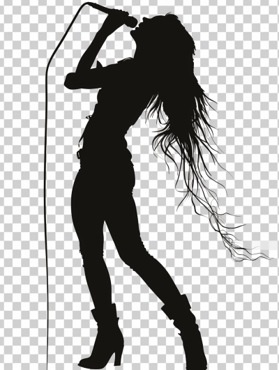 A silhouette of an female singer with long hair holding microphone, transparent background, vector illustration, simple lines, flat design, black and white color scheme, full body shot, high resolution, high quality, high detail, high contrast, high noise images. High definition. The person is wearing jeans and ankle boots. Her head was tilted back slightly as she made her singing face, her mouth open wide to reflect the intensity of his performance. She had one hand raised above her shoulder and held onto it. No shadow on your skin. It's just black and white. I can't see my hands in front of me. Transparent PNG. Full