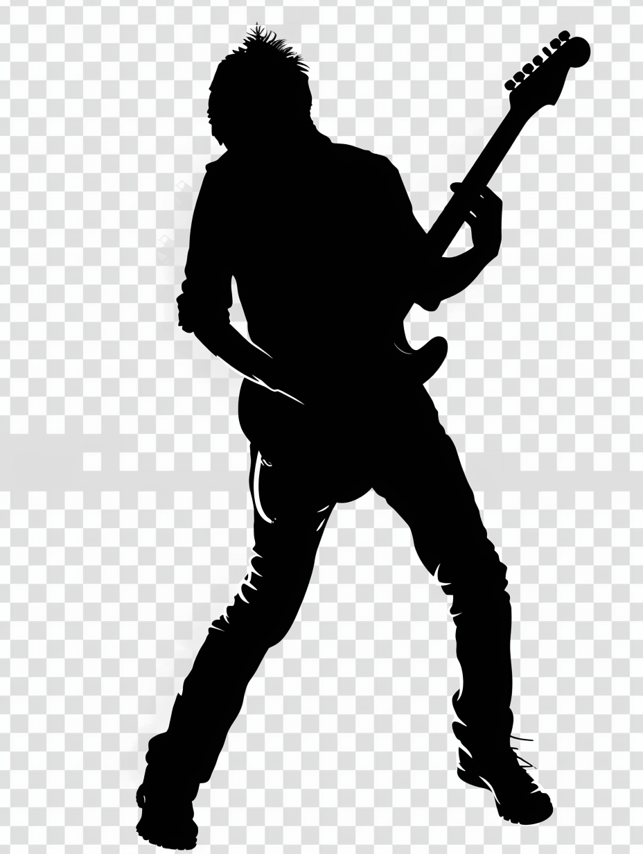 Silhouette of rock guitarist, transparent background PNG element for clipart