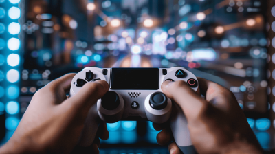 Close up of hands holding a game controller playing video games, with a blurred background showing city lights and a futuristic digital technology concept. The photo was taken on a Canon R5 DSLR with a centered composition.