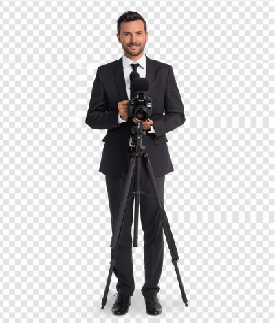 A professional photographer in a suit with a camera and tripod, transparent background PNG file. The man is smiling at the viewer. He has short hair and facial stubble. Full body shot.