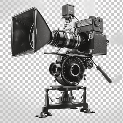 vintage film camera with zoom lens and large studio stand, transparent background, png style